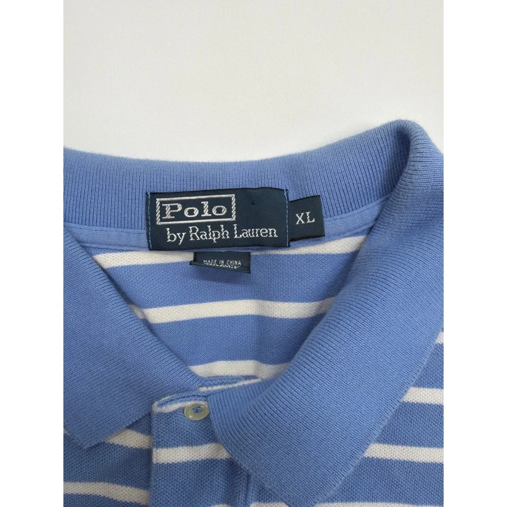 Polo Ralph Lauren Mens XL Blue White Striped Short Sleeve Pique‎ Polo Shirt Logo